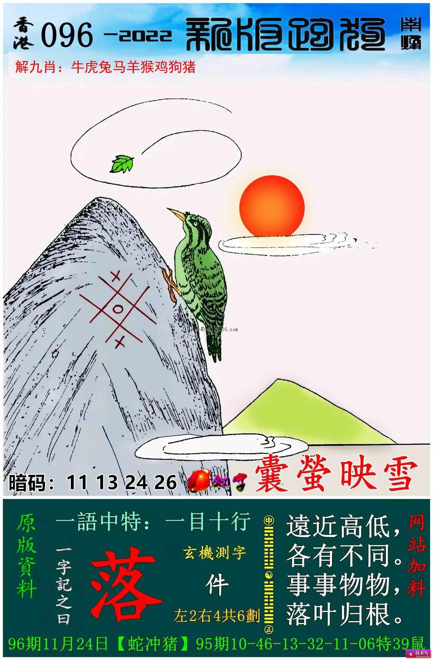 2022年096期新版跑狗图一字記之曰：【落】遠近高低，各有不同。事事物物，落叶归根。 图1